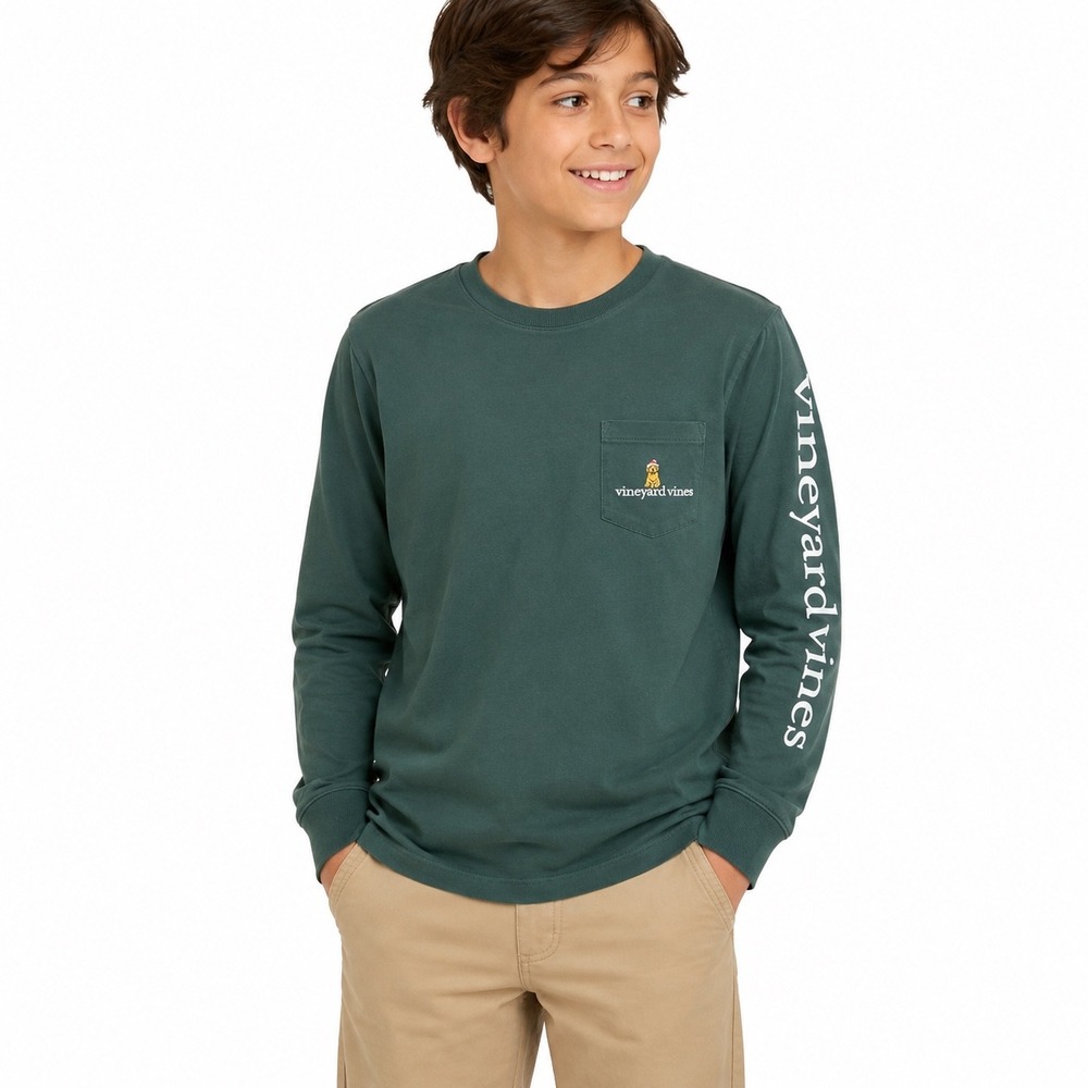 Vineyard Vines Pocket Tee Kids Small 8-10 Green Christmas Sleigh Long Sleeve